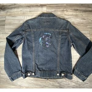 Unicorn Old Navy Denim Jean Jacket Women’s Sz S Blue & Purple Stitching Custom